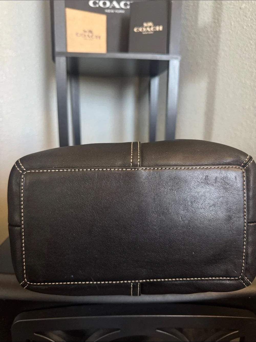 Coach Black Leather Messenger Tote with Contrast Stitching